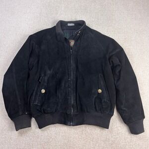 Authentic Imports Mens Black Suede Leather Bomber Jacket Plaid Lined Large